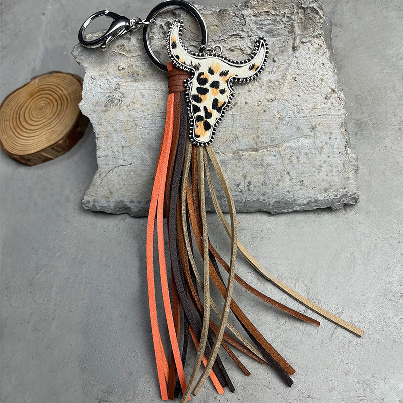 Wholesale Western style bull head tassel animal print leather keychain